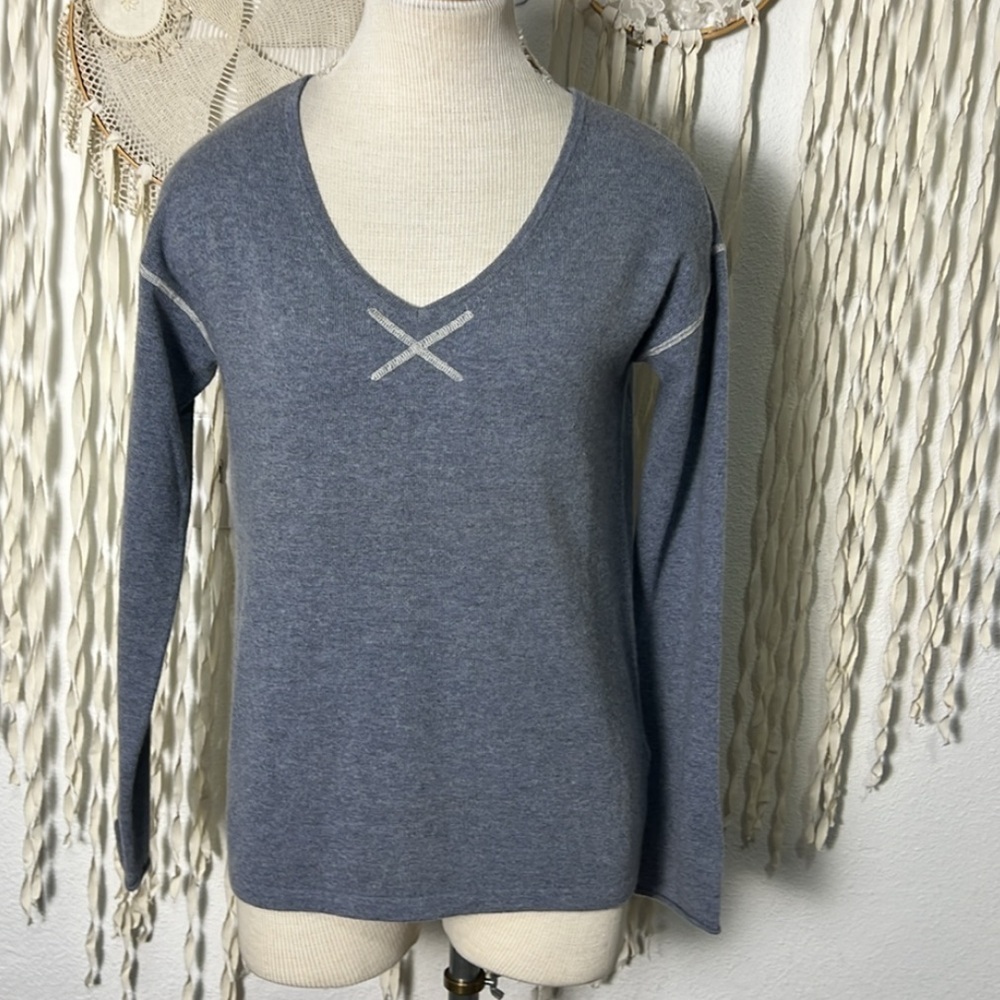 Raffi Cashmere  Soft Blue Cashmere V-Neck Drop Sleeve Sweater Size M